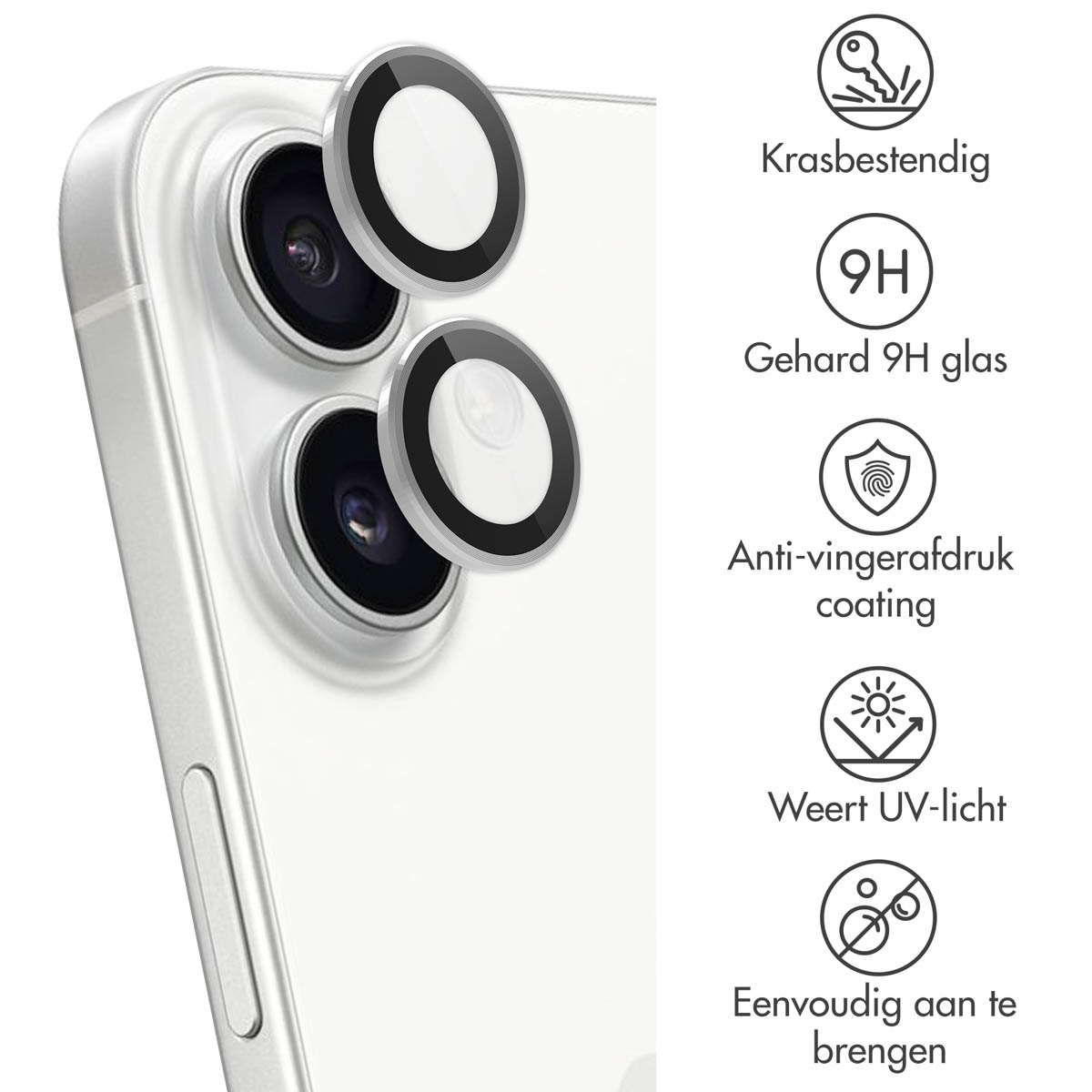 Smartphone cameralensbeschermers op een witte telefoon. Kenmerken zijn krasbestendigheid, 9H glas en anti-vingerafdruk coating.