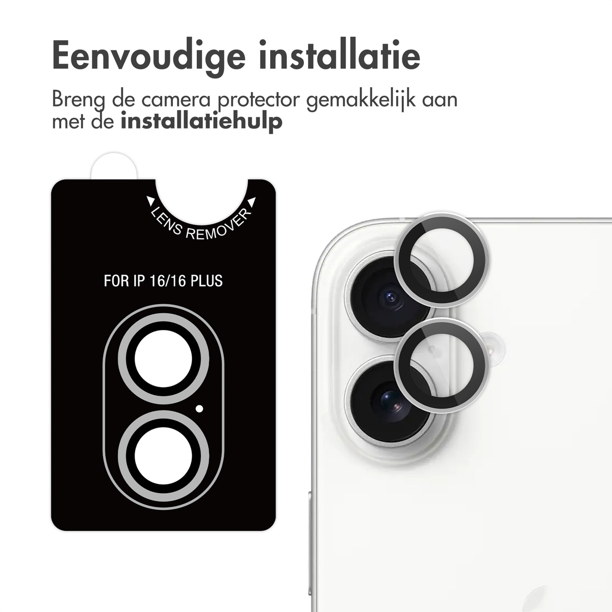 iPhone met lensbeschermers en een applicator. De tekst: 