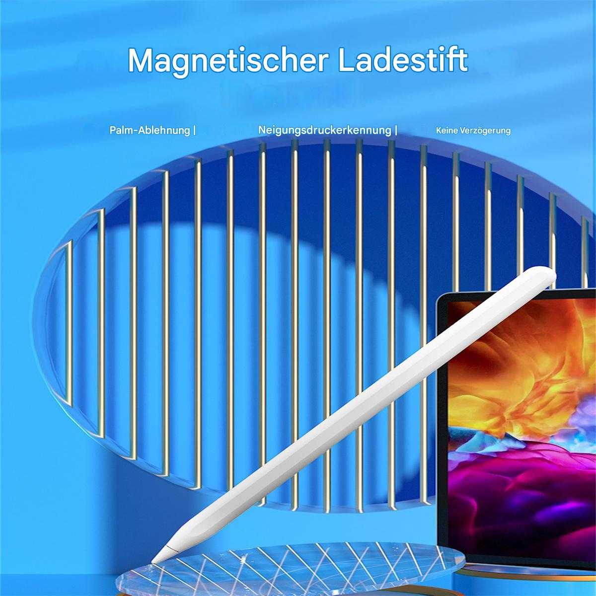 Weißer Eingabestift und ein blauer Gitterhintergrund mit einem Tablet.