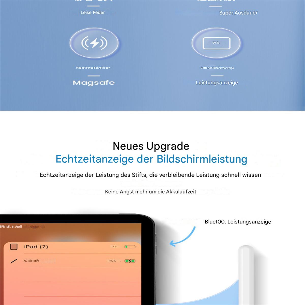 iPad-Bildschirm mit Akkulaufzeit. Symbole für Aufladen und ein Stift sind sichtbar.
