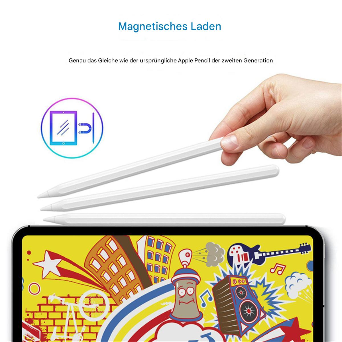 Ein Tablet mit Illustrationen, zwei weißen Stiften und einer Hand, die einen hält.