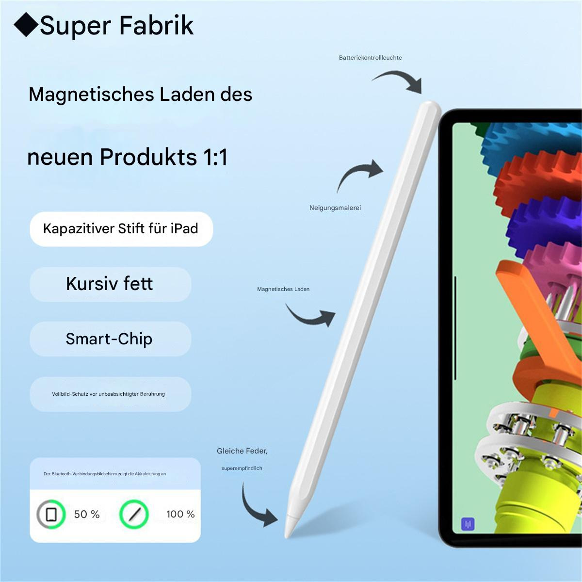 Weißer Stift mit Text und Tablet-Bildschirm.