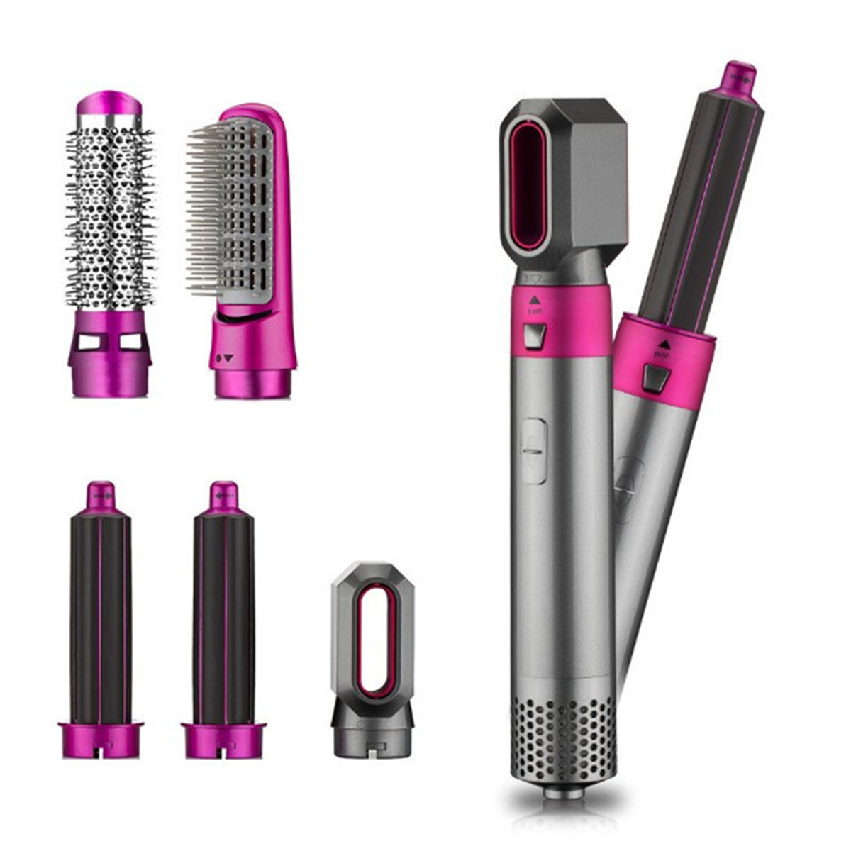 Frisuren-Styling-Tool-Set mit mehreren Aufsätzen. Pink und Silber.