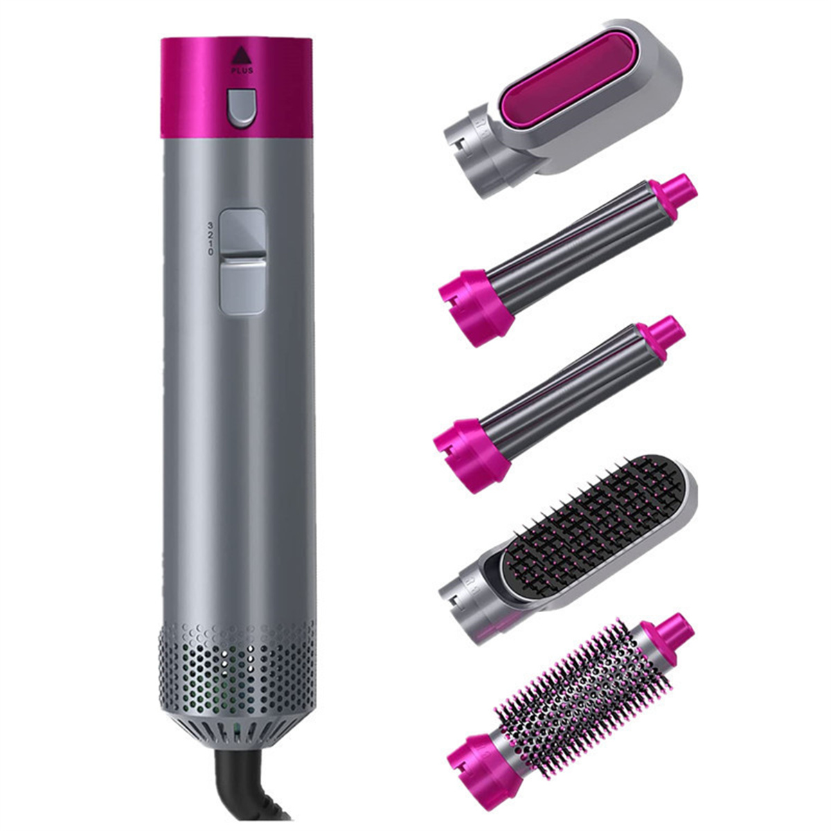 Ein multifunktionales Haarstyling-Tool mit Aufsätzen, darunter eine Bürste und verschiedene Düsen, auf weißem Hintergrund.