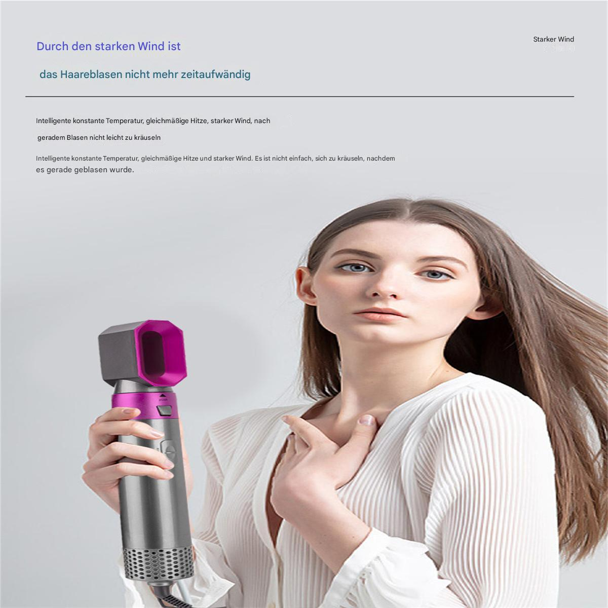 Eine Frau hält einen Haartrockner und spricht über die Produkteigenschaften, mit Text im Hintergrund.