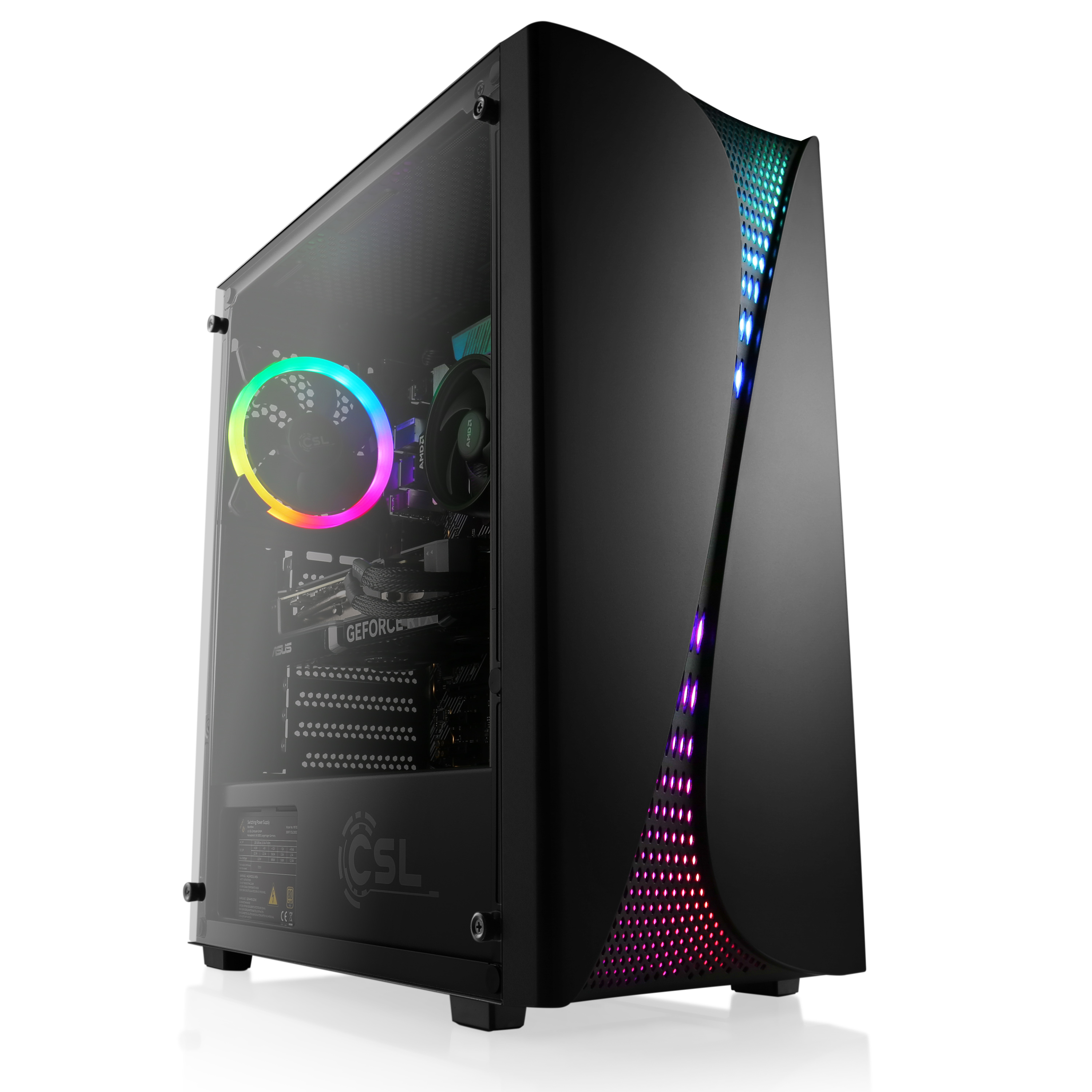 Ein schwarzes Computergehäuse mit RGB-Beleuchtung und einer transparenten Seitenwand auf weißem Hintergrund.