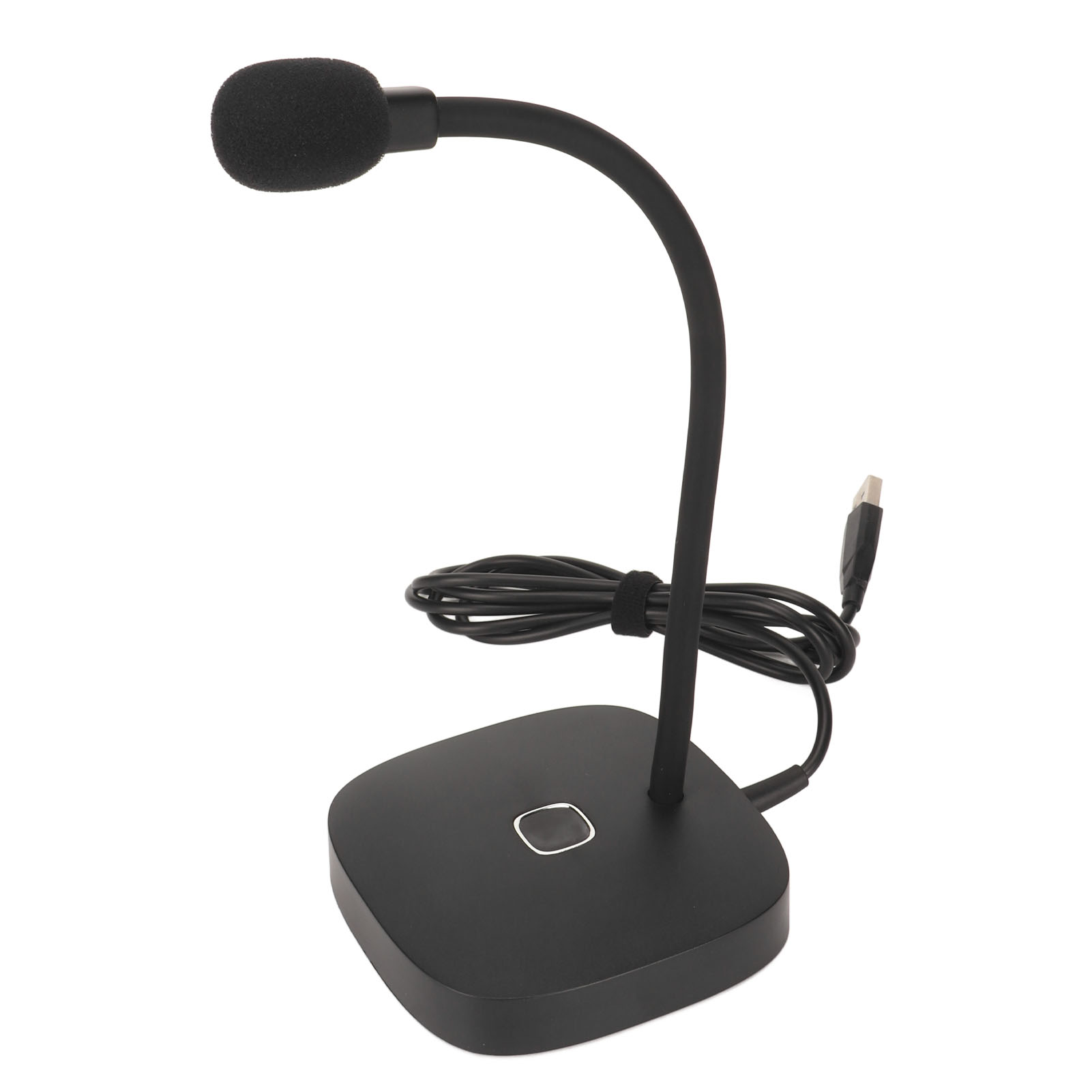 Schwarzes Schwanenhalsmikrofon auf schwarzem Sockel, mit USB-Kabel.