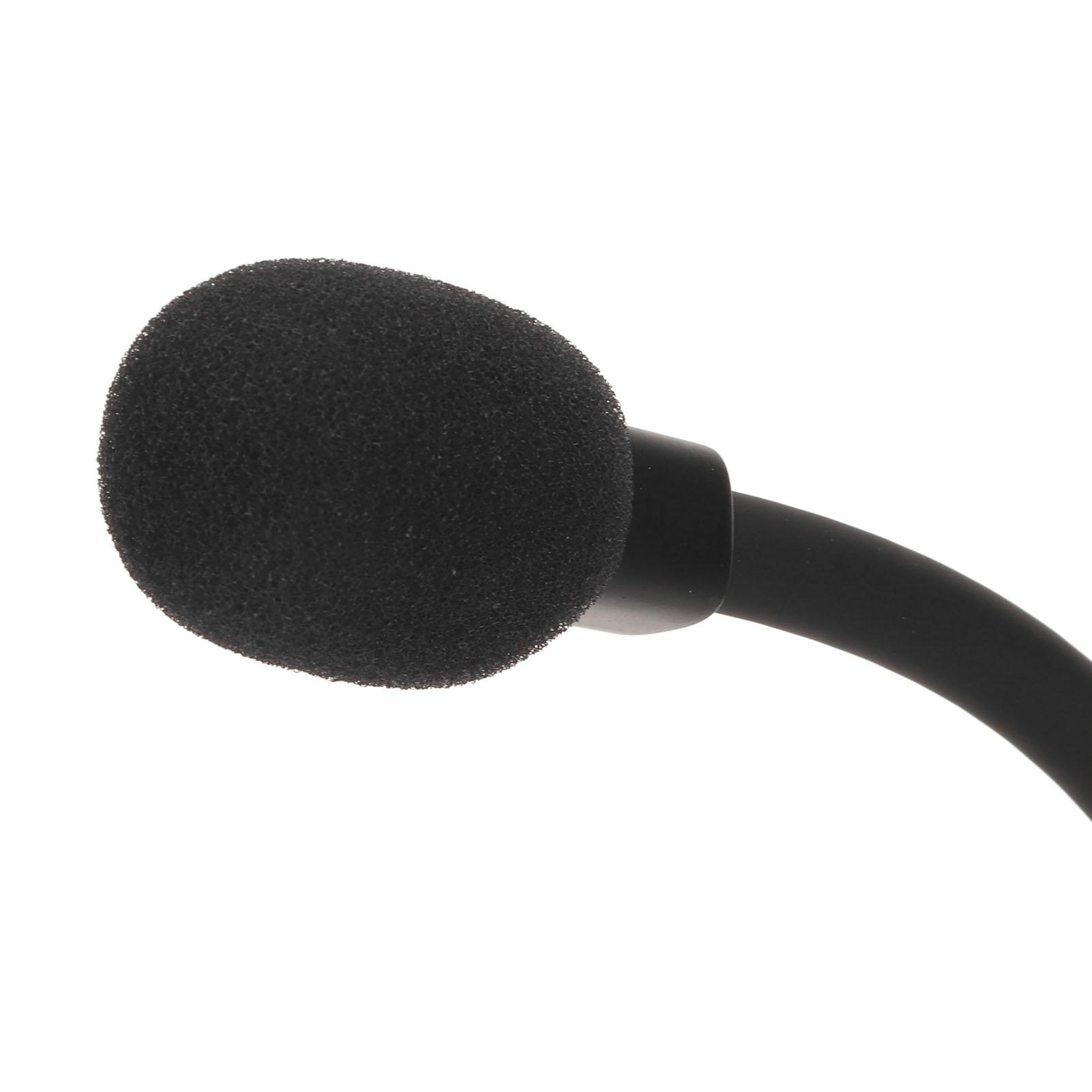 Schwarzes Mikrofon mit Schaumstoffabdeckung, an einem gebogenen, schwarzen Arm befestigt.