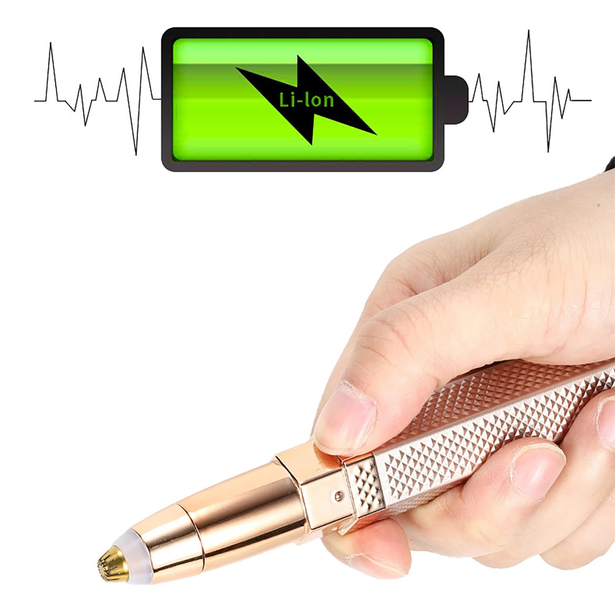 Die Hand einer Frau, die ein gold-rosa elektrisches Haarentfernungsgerät hält. Darüber befindet sich ein Batteriesymbol.