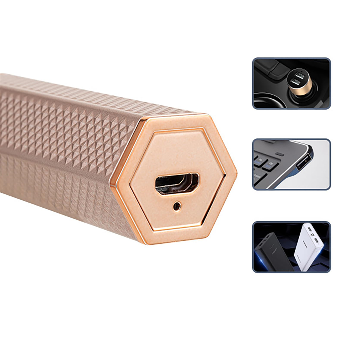 Eine sechseckige Powerbank mit Ladeanschluss. Kleine Bilder zeigen Anschlusstypen und einen Auto-USB-Anschluss.