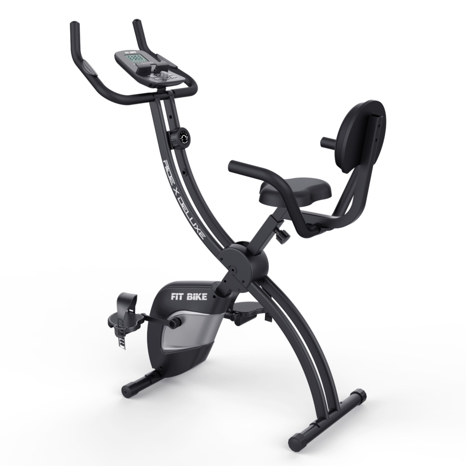Zwarte stationaire hometrainer. Het heeft een zadel, handgrepen en een display.
