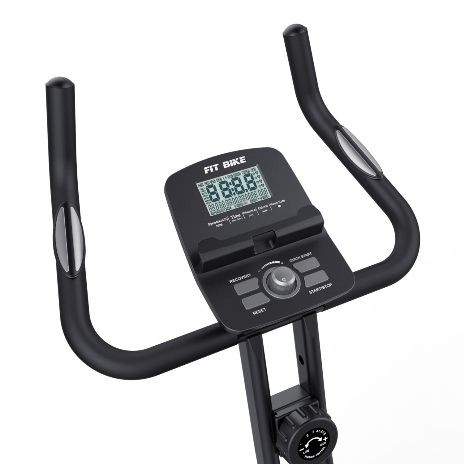 Console van een hometrainer, die snelheid, tijd, afstand, calorieën en hartslag weergeeft. Met herstel- en start/stop-knoppen.
