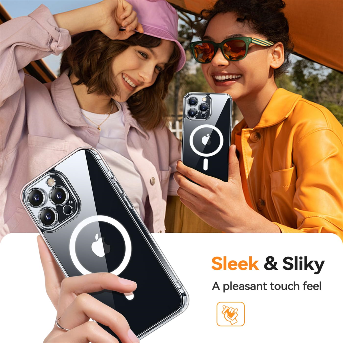 Zwei Frauen halten Telefone mit Hüllen. Die Hüllen haben ein weißes Kreisdesign um einen magnetischen Ladebereich.