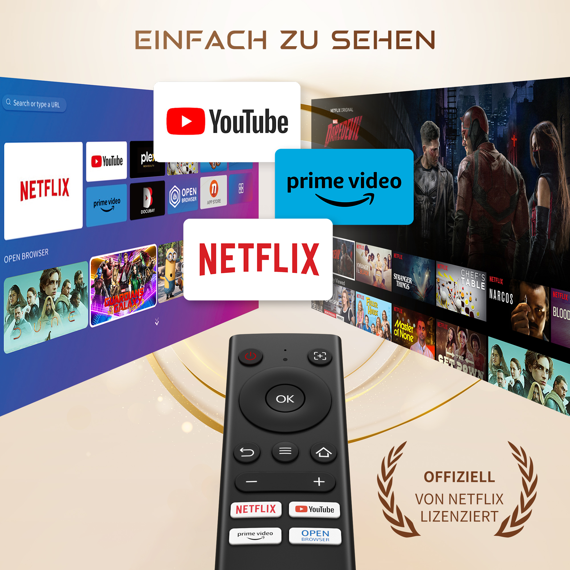 Fernbedienung mit Netflix-, Prime Video- und YouTube-Logos. Zeigt Streaming-App-Bildschirme auf goldenem Hintergrund.