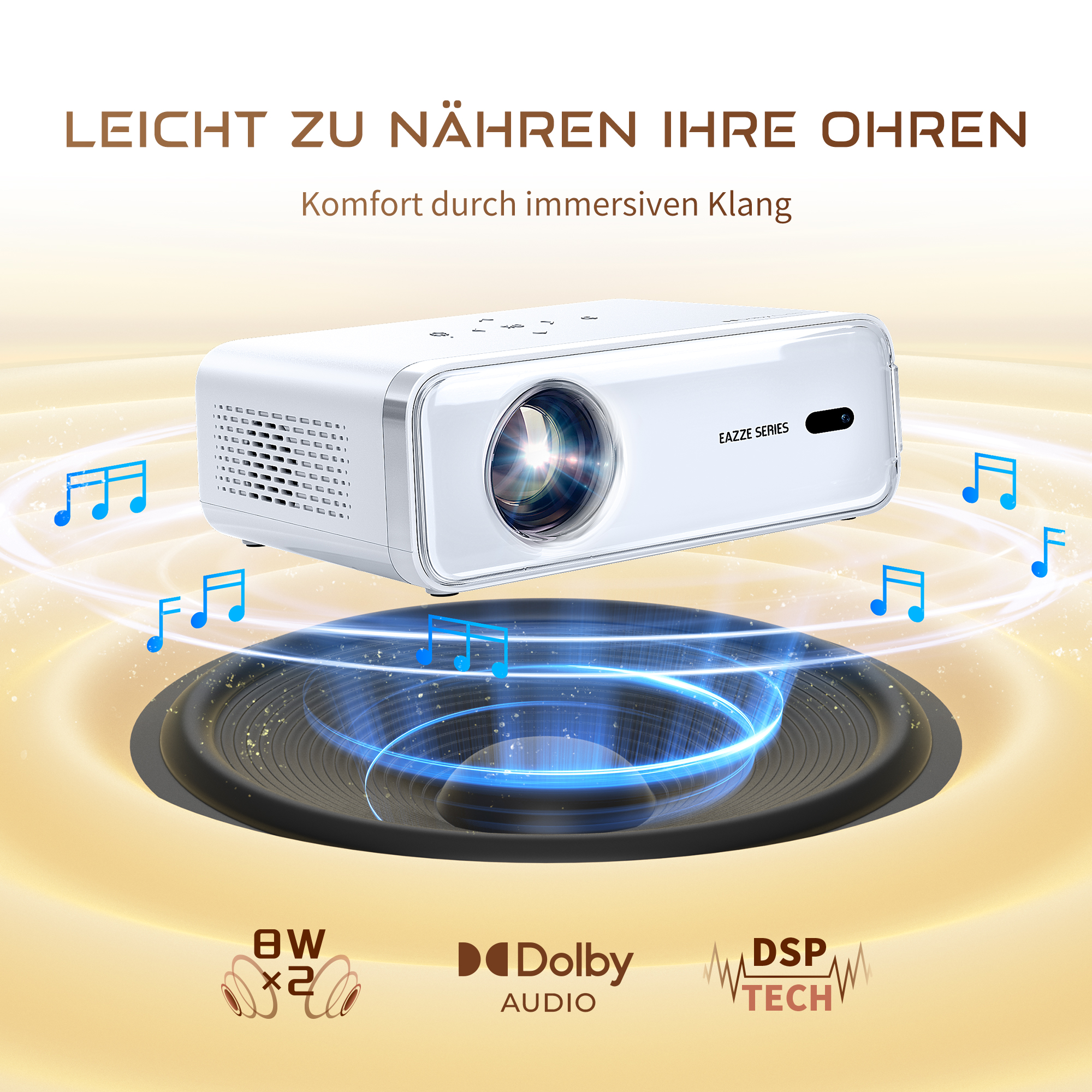Weißer Projektor mit Noten darum. Der Text sagt 'Leicht zu nähren Ihre Ohren'.