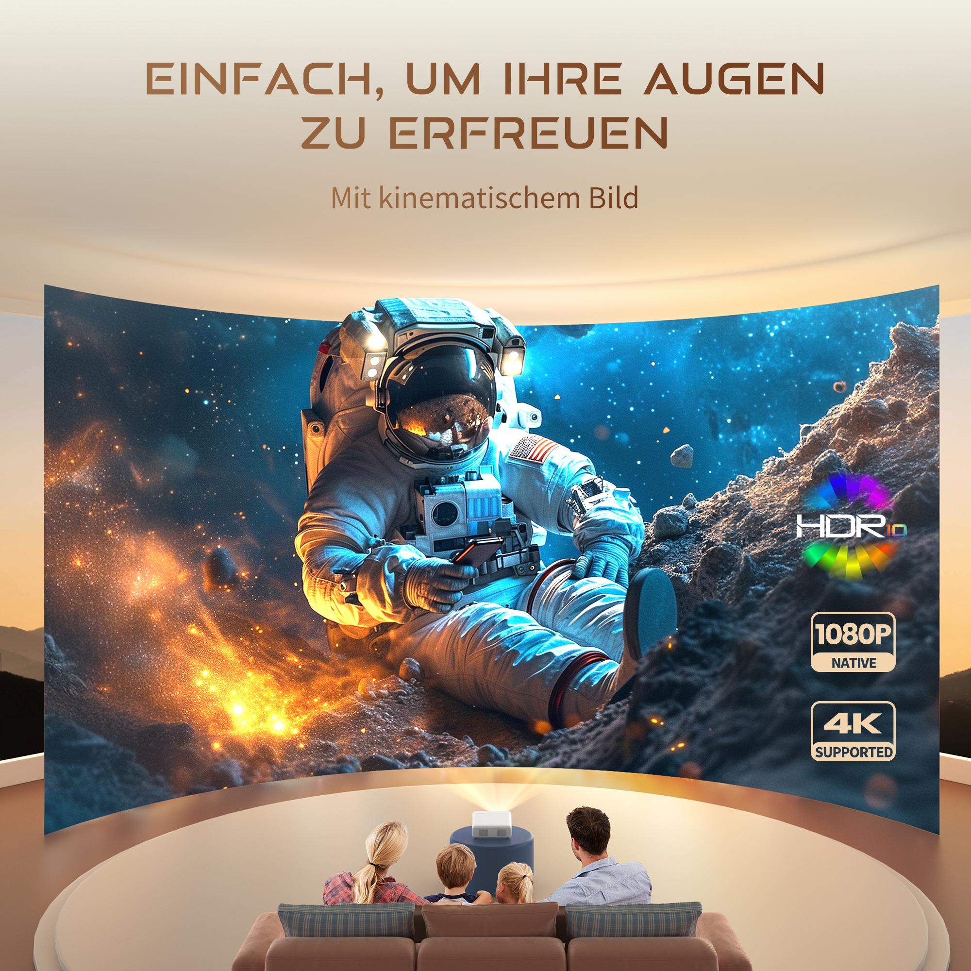 Eine Familie schaut einen Bildschirm mit einem Astronauten im Weltraum. Text: 4K unterstützt, HDR, 1080p nativ.