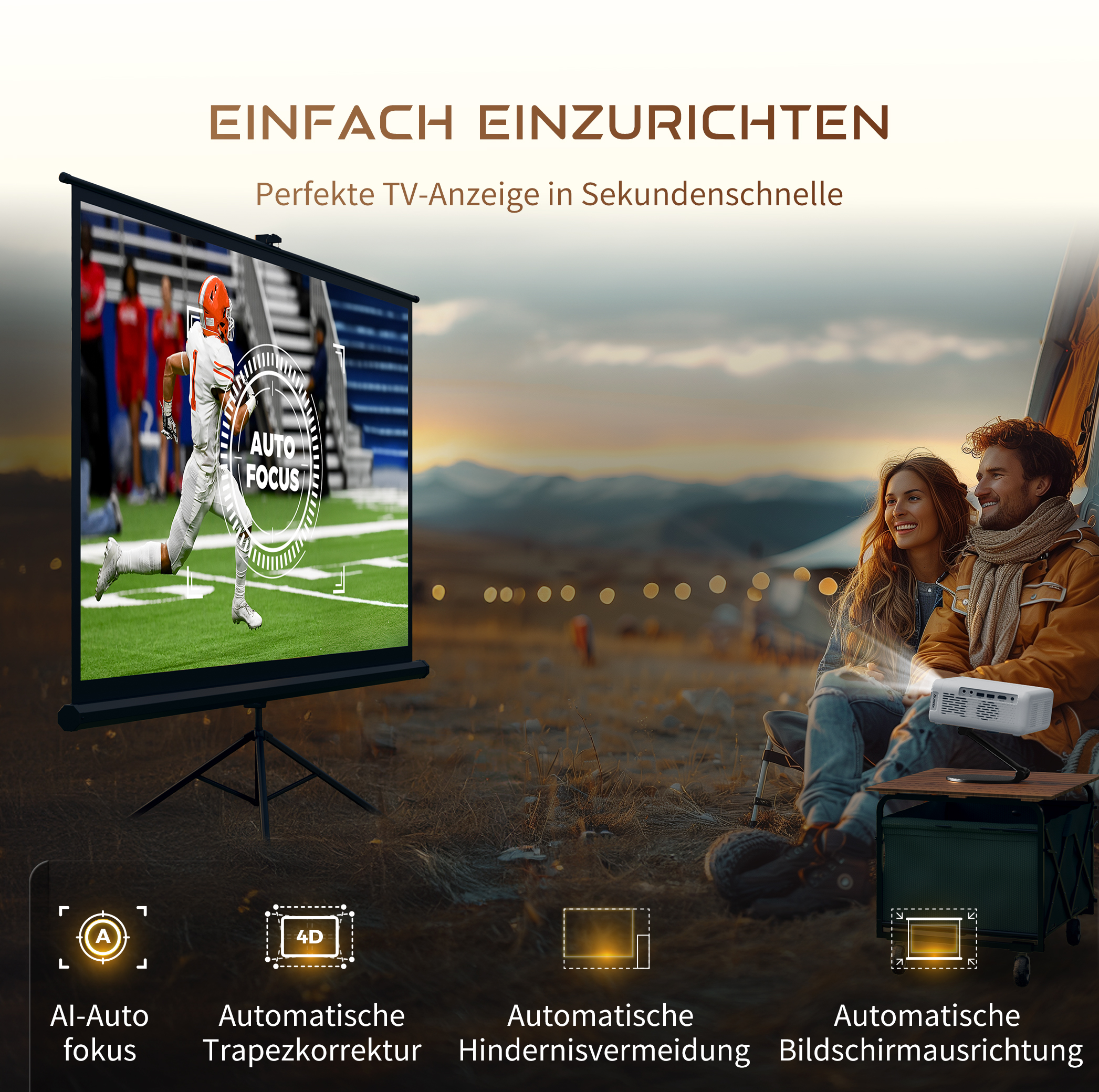 Eine Projektorleinwand zeigt ein Bild mit einem Paar im Hintergrund und Icons darunter.