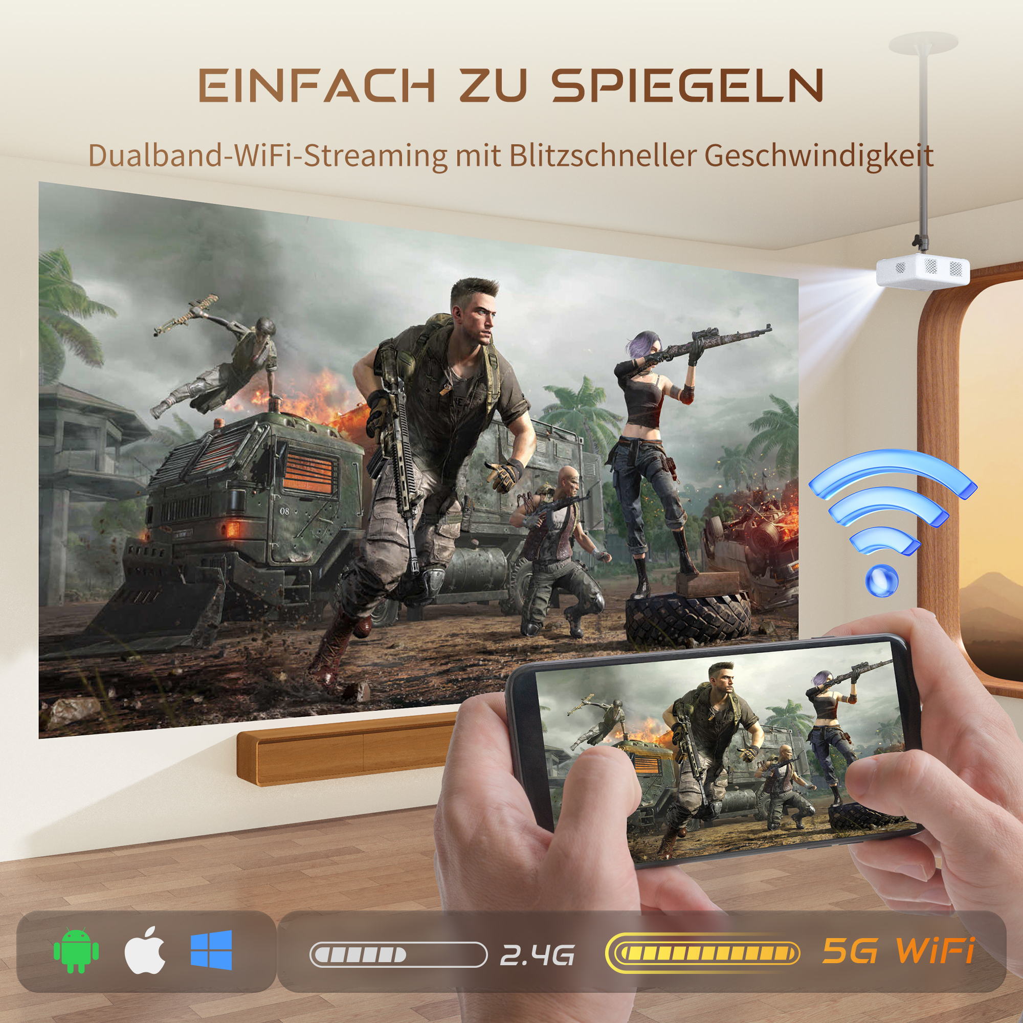 Ein Mann hält ein Telefon mit Spiel, ein Projektor und ein Bildschirm mit Spielszene.