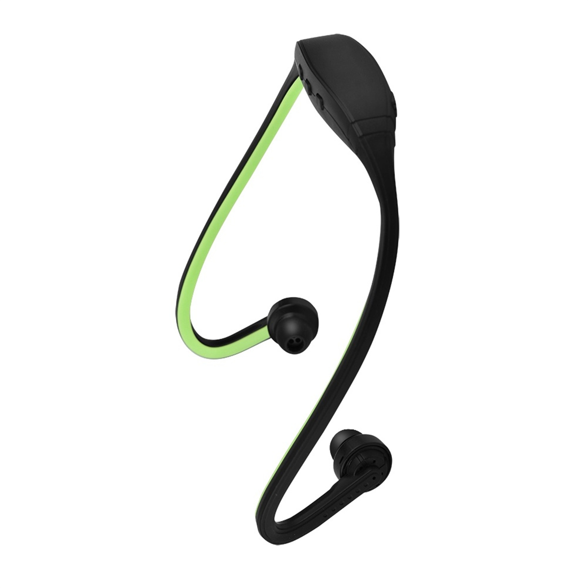 Schwarze und grüne kabellose Kopfhörer mit Nackenband-Design. Nahaufnahme.