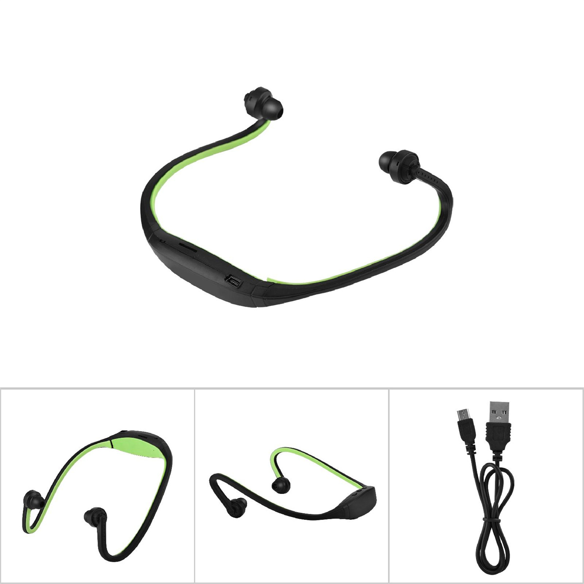 Schwarze und grüne Sportkopfhörer und ein Ladekabel isoliert auf weißem Hintergrund.