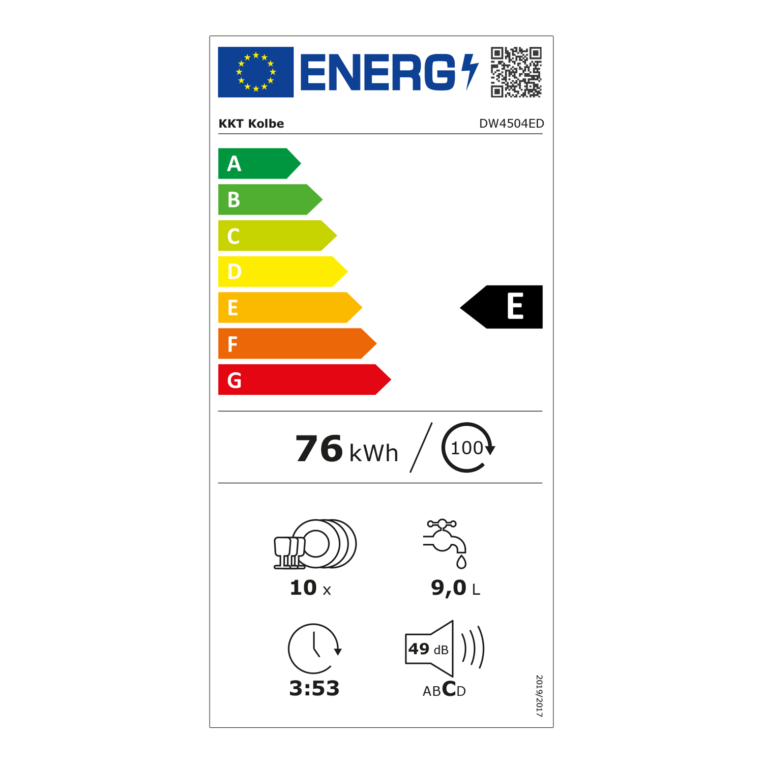 Energielabel mit Bewertung 'E'. Zeigt Energieverbrauch und andere Maschinenspezifikationen.
