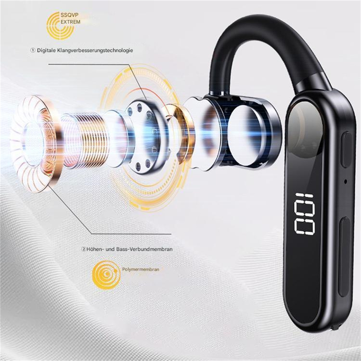 Ein schwarzes und silbernes Bluetooth-Headset mit geschwungenem Design, das interne Komponenten zeigt.