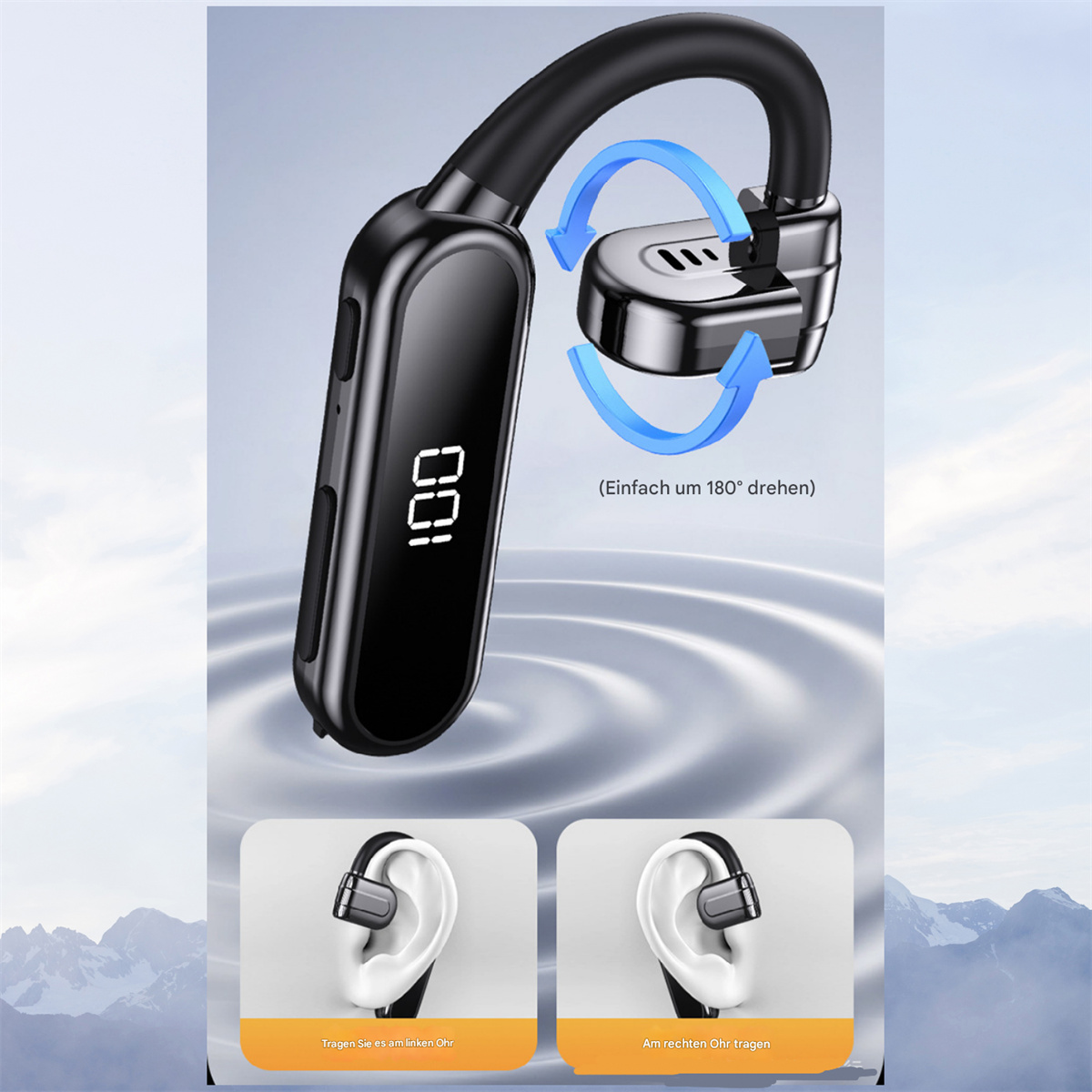 Schwarzes kabelloses Headset mit gebogenem Design und LED-Anzeige. Pfeile deuten auf Rotation.
