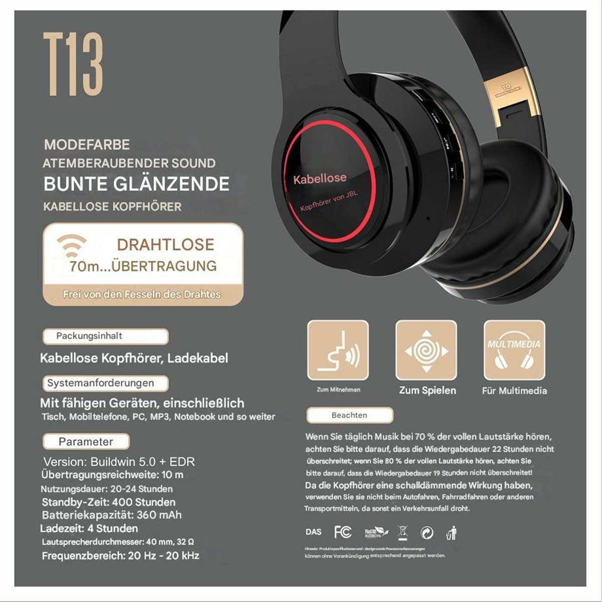 Schwarze Kopfhörer mit Text über drahtlose Funktionen und JBL-Marke. Inklusive Spezifikationen.