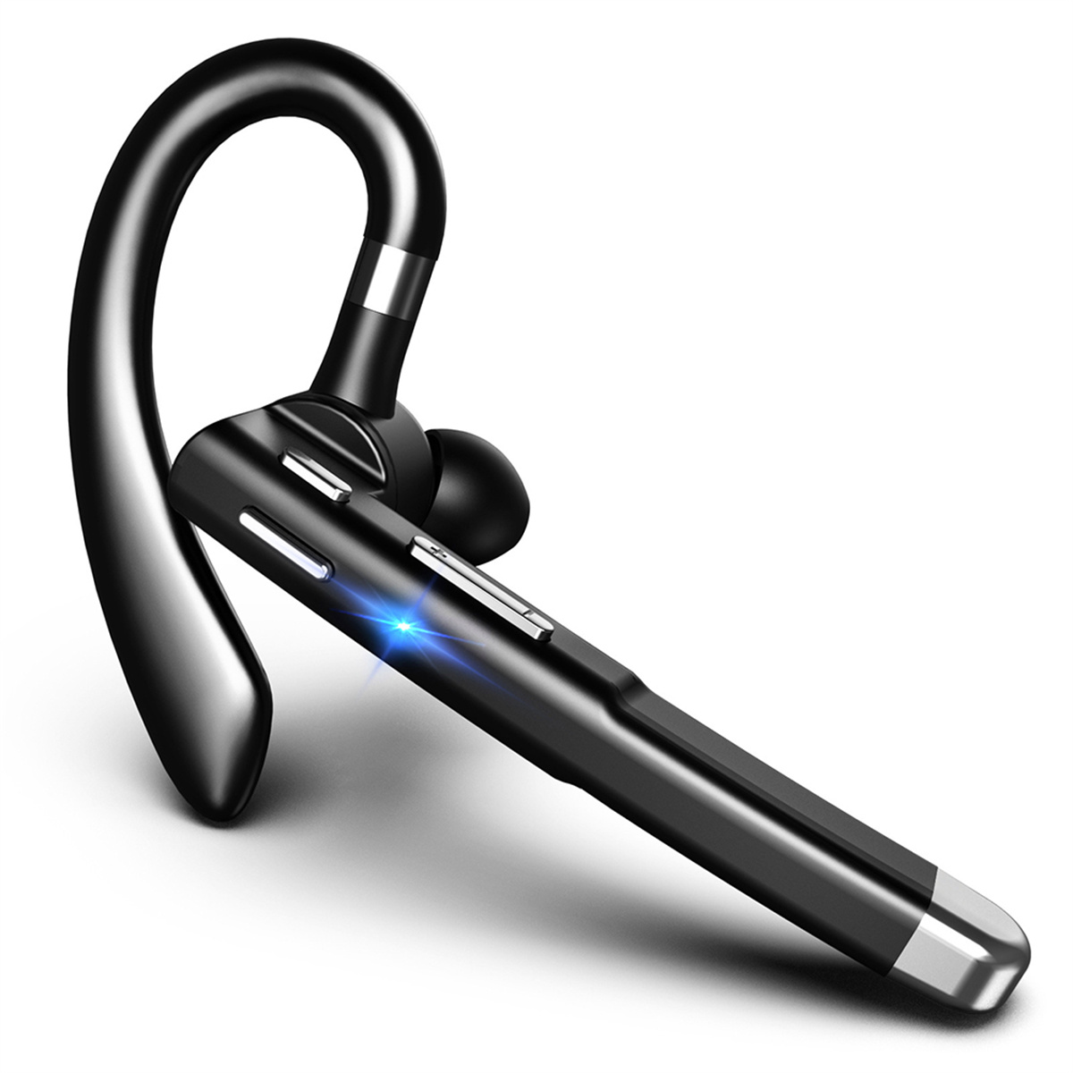 Ein schwarzes kabelloses Freisprech-Headset mit blauer Kontrollleuchte vor einem weißen Hintergrund.