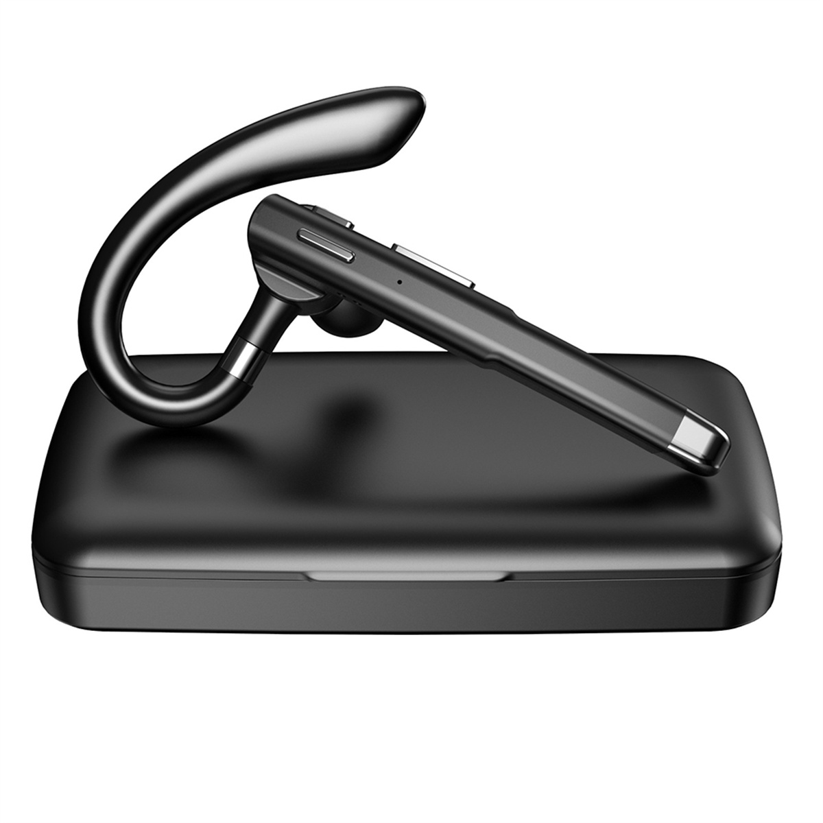 Ein schwarzes Bluetooth-Headset auf einer schwarzen Ladestation. Das Headset ist geschwungen und elegant.