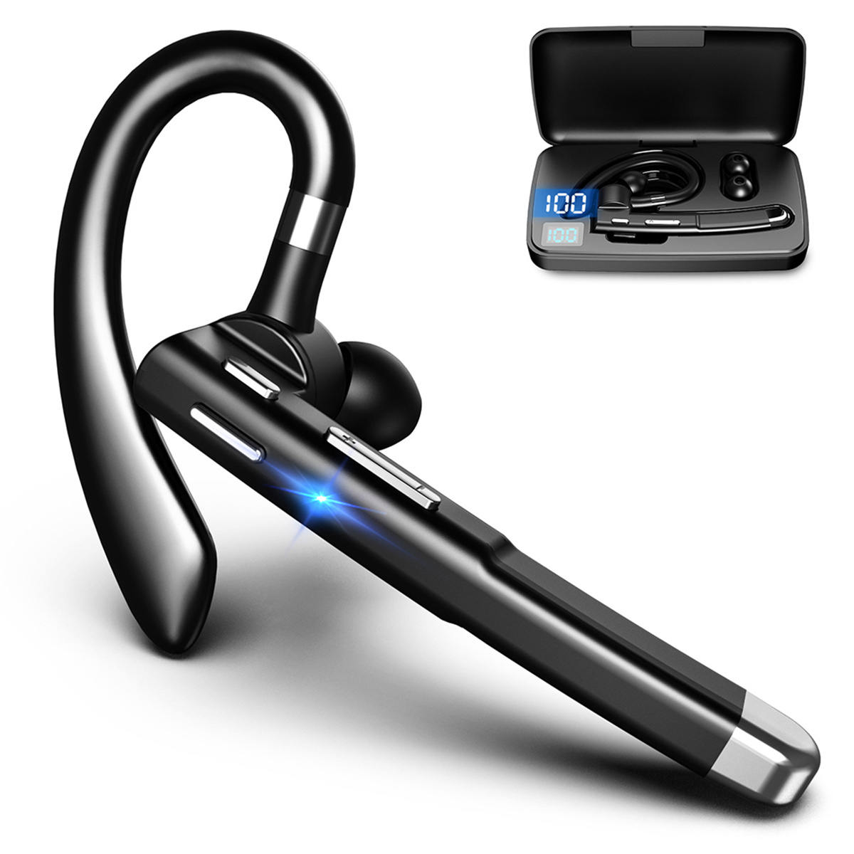 Schwarzes Bluetooth-Headset mit Ladecase, das einen numerischen Akkustand anzeigt. Weißer Hintergrund.