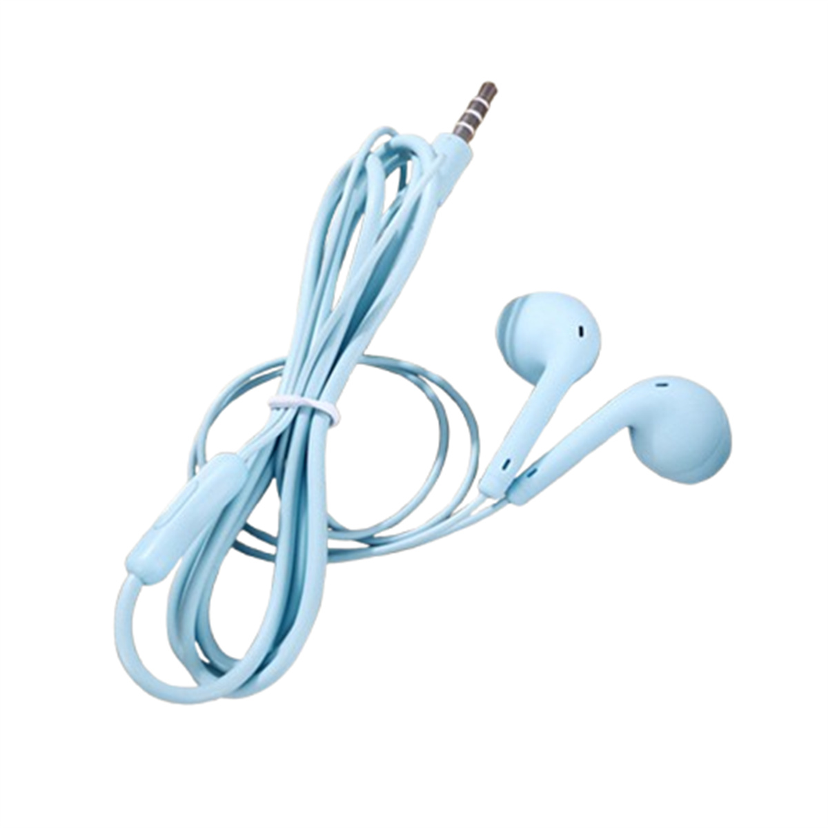 Hellblaue Ohrhörer und Kabel auf Weiß. Eine Steuerung am Kabel.