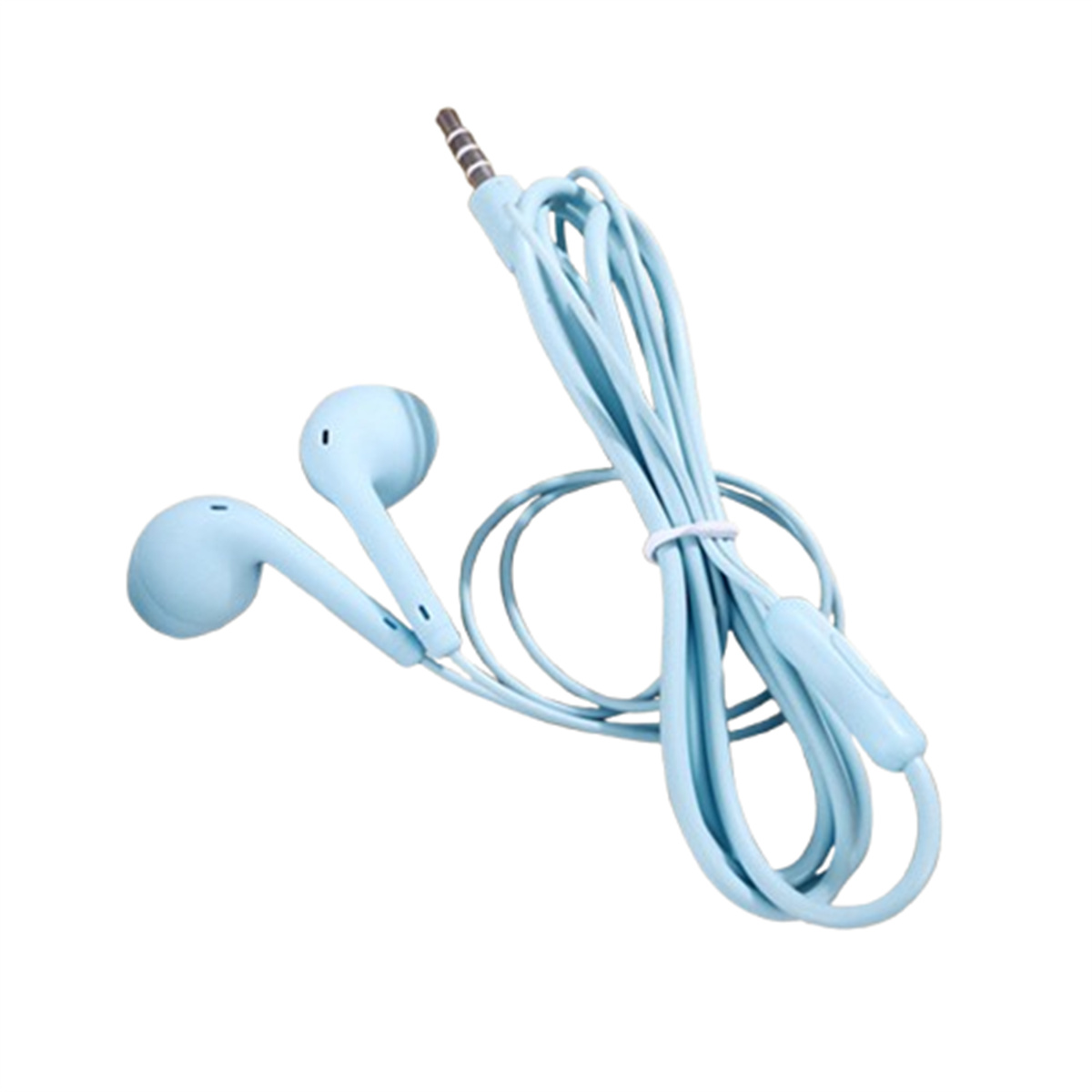 Hellblaue Ohrhörer mit Kabel. Das Kabel hat einen 3,5-mm-Stecker. Weißer Hintergrund.