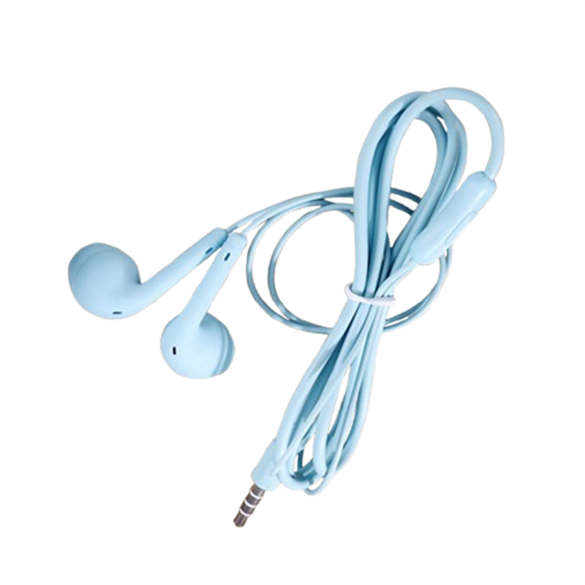 Blaue Ohrhörer mit blauem Kabel und metallischem Audioanschluss auf weißem Grund.