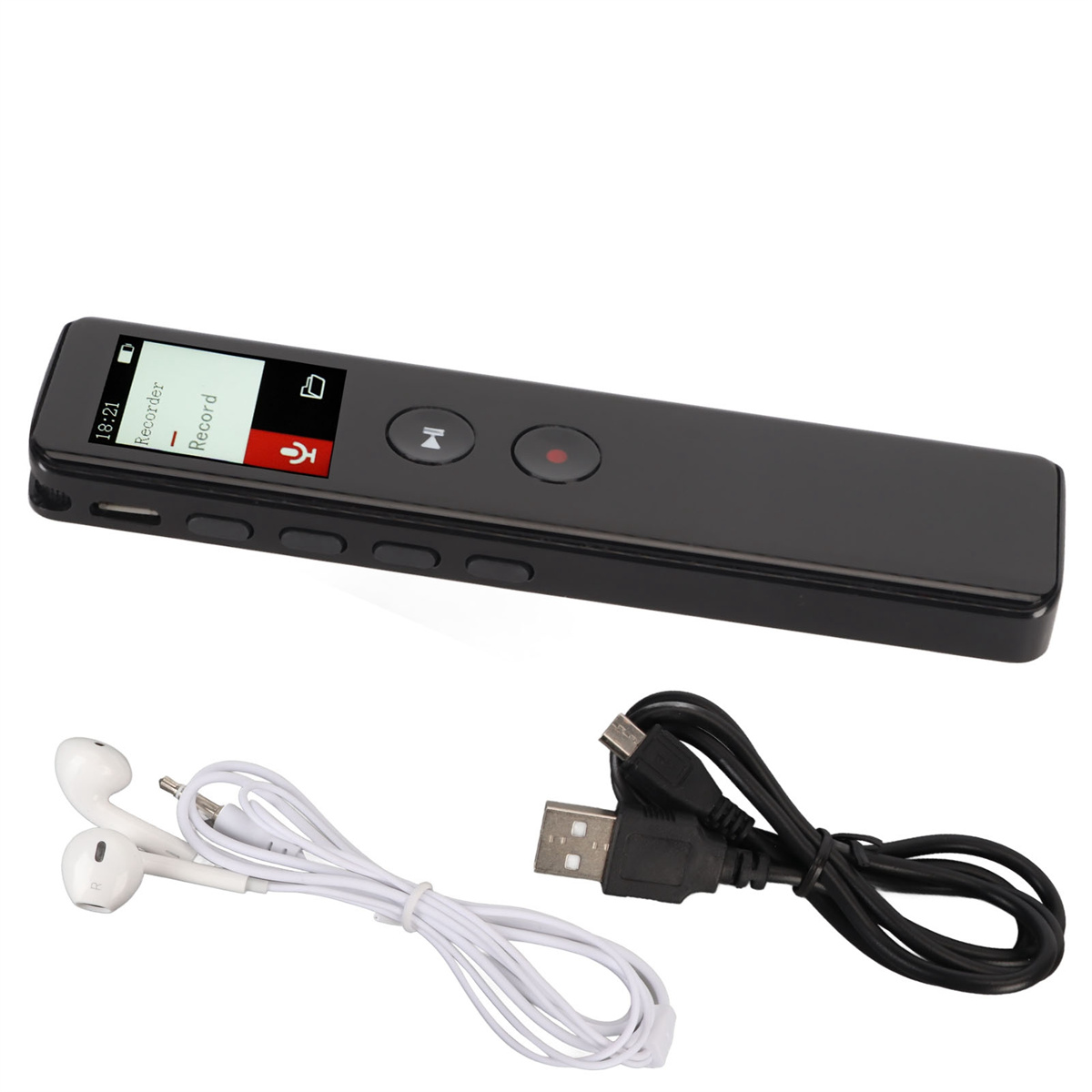 Ein schwarzes Aufnahmegerät mit Bildschirm, Ohrhörern und einem USB-Kabel.