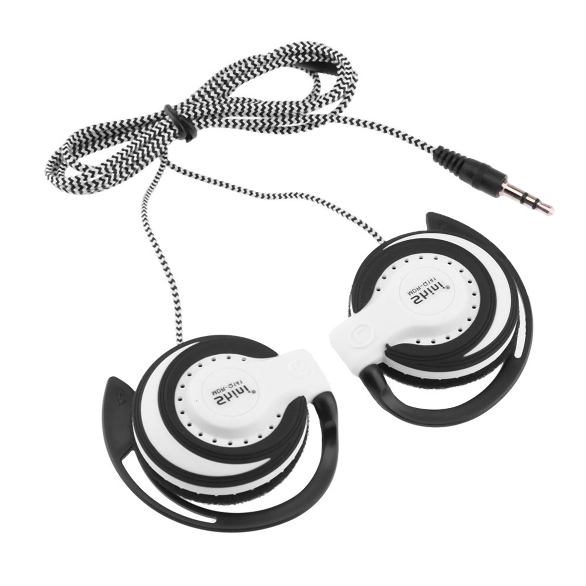 Weiß-schwarze Kopfhörer mit kariertem Kabel. Jeder Kopfhörer hat eine weiße Oberfläche mit schwarzen Punkten.