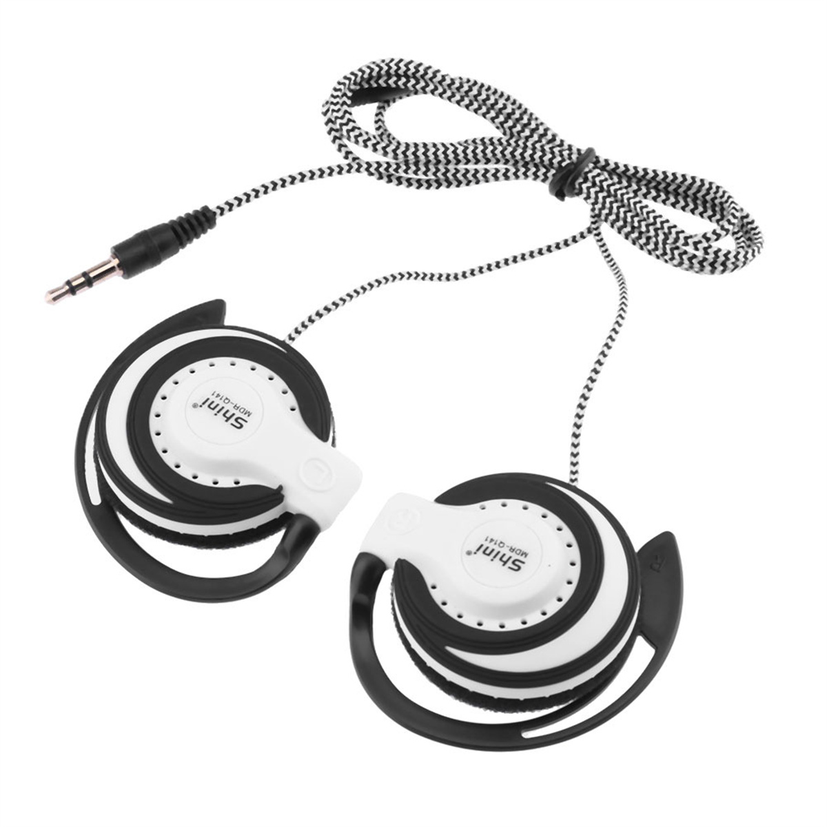Weiß-schwarze Kopfhörer mit Kabel.