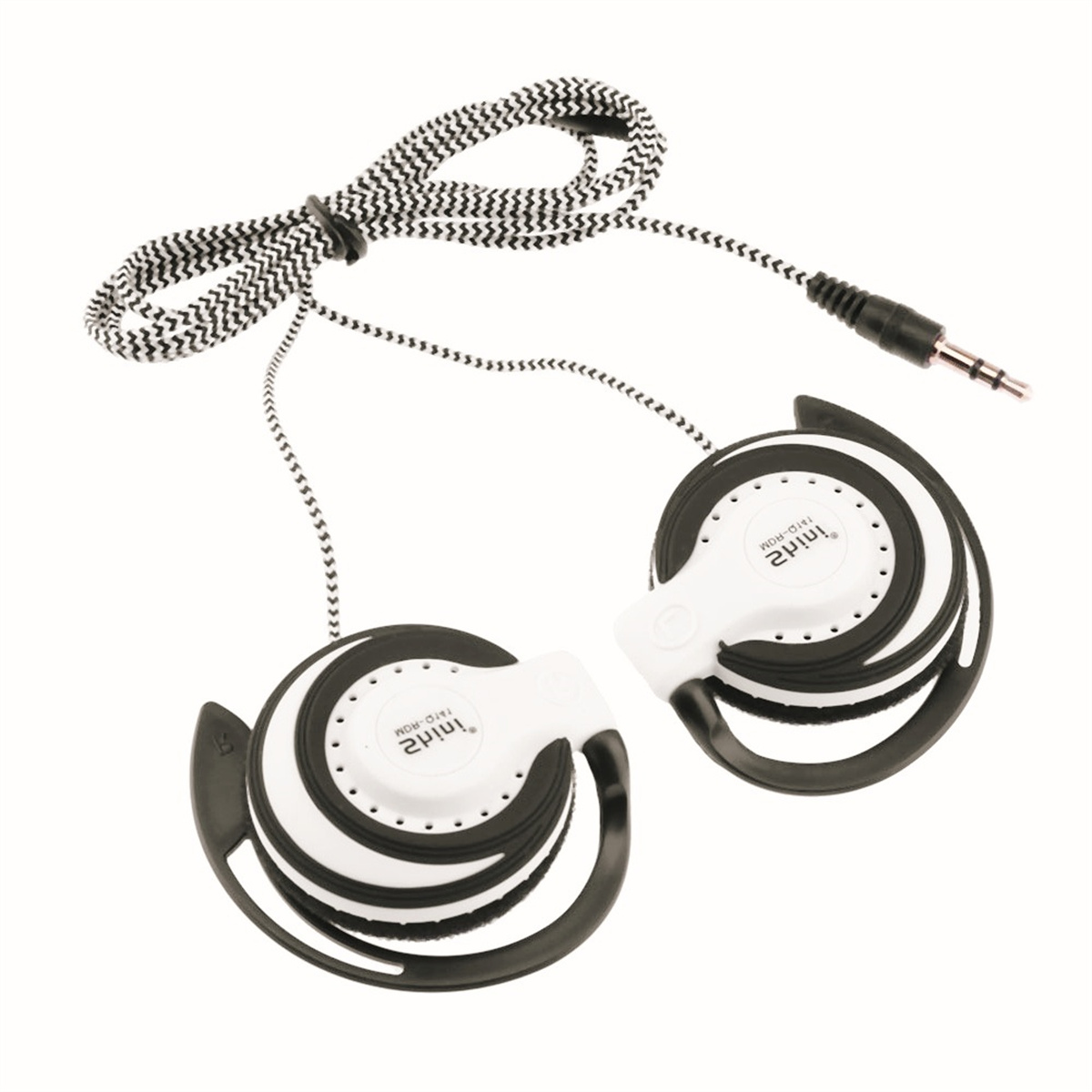 Weiß-schwarze Kopfhörer mit schwarz-weiß gestreiftem Kabel auf weißem Hintergrund.