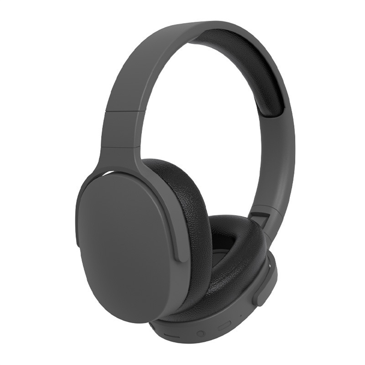 Graue Over-Ear-Kopfhörer mit schwarzen Ohrmuscheln. Die Kopfhörer liegen auf einer weißen Oberfläche.