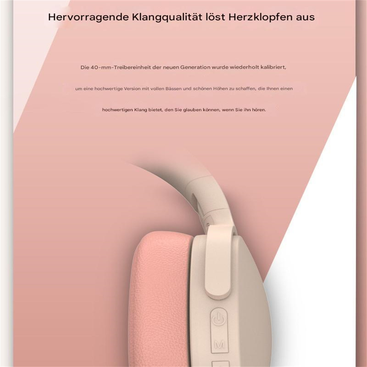 Nahaufnahme des Ohrmuschels des Kopfhörers auf rosa Hintergrund.