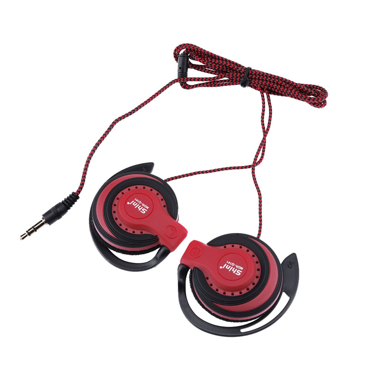 Rote und schwarze Kopfhörer mit rotem Kabel. Der Hintergrund ist weiß.