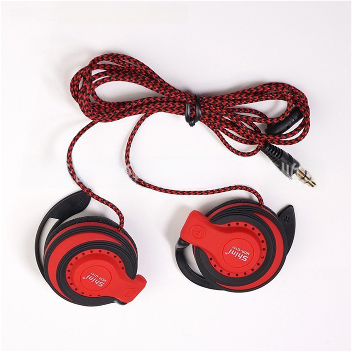 Rote und schwarze Kopfhörer mit geflochtenem rot-schwarzem Kabel.