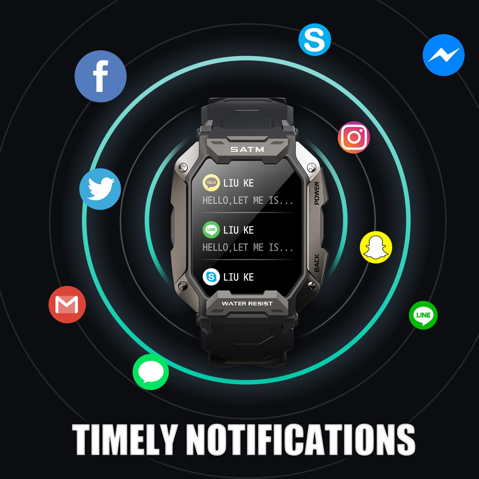 Eine Smartwatch mit Social-Media-Symbolen drumherum, die rechtzeitige Benachrichtigungen bewirbt.