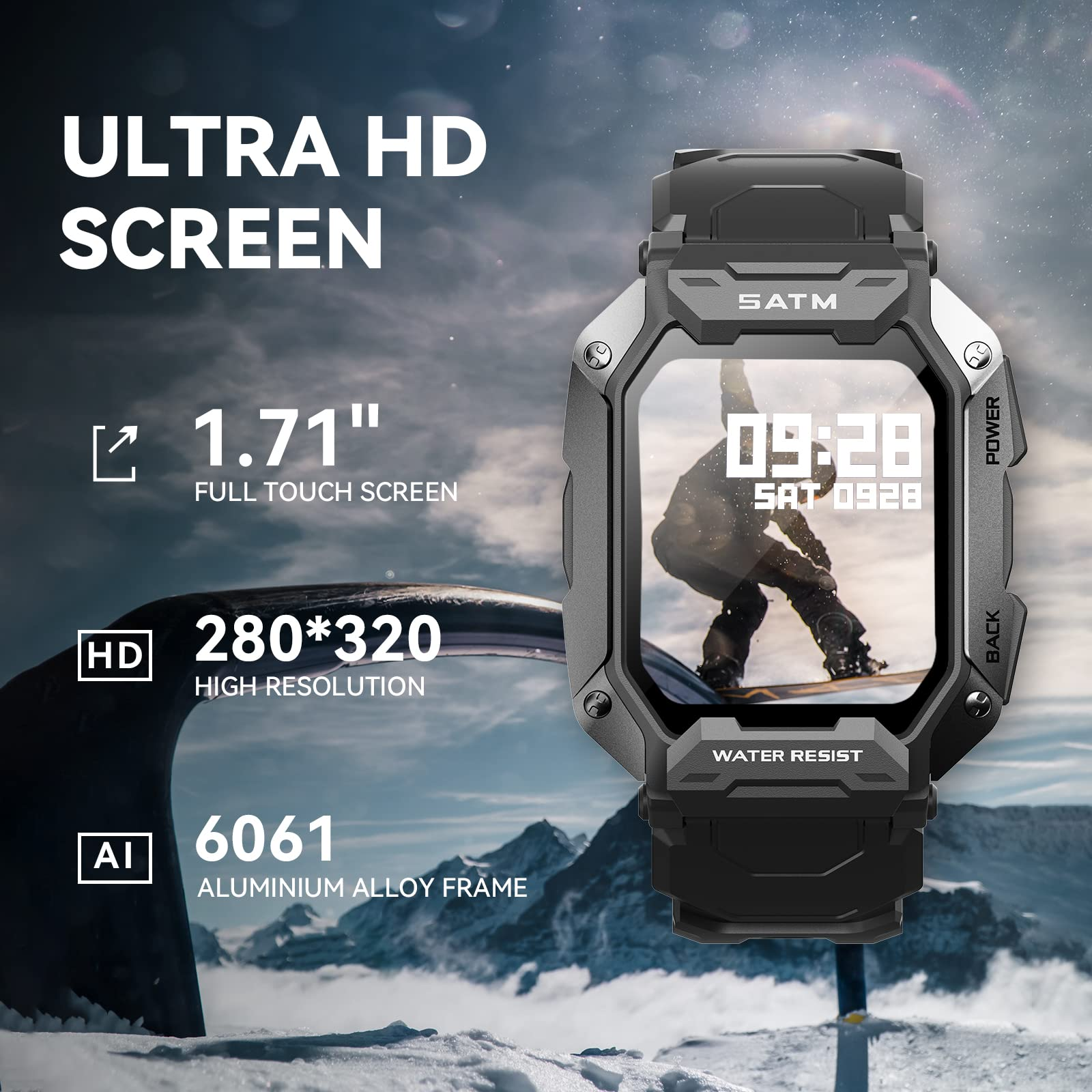 Smartwatch mit digitaler Anzeige, Uhrzeit angezeigt, mit schwarzem Armband und Bergblick.