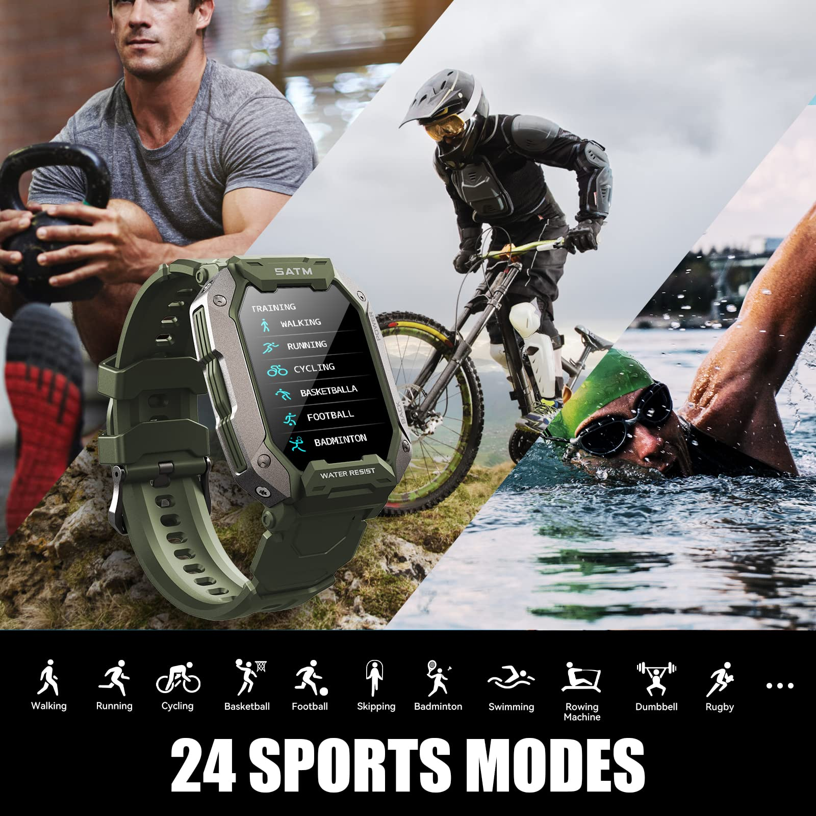 Smartwatch zeigt Sportmodi und Personen beim Training: Gewichtheben, Radfahren, Schwimmen. Symbole zeigen verschiedene Sportarten.