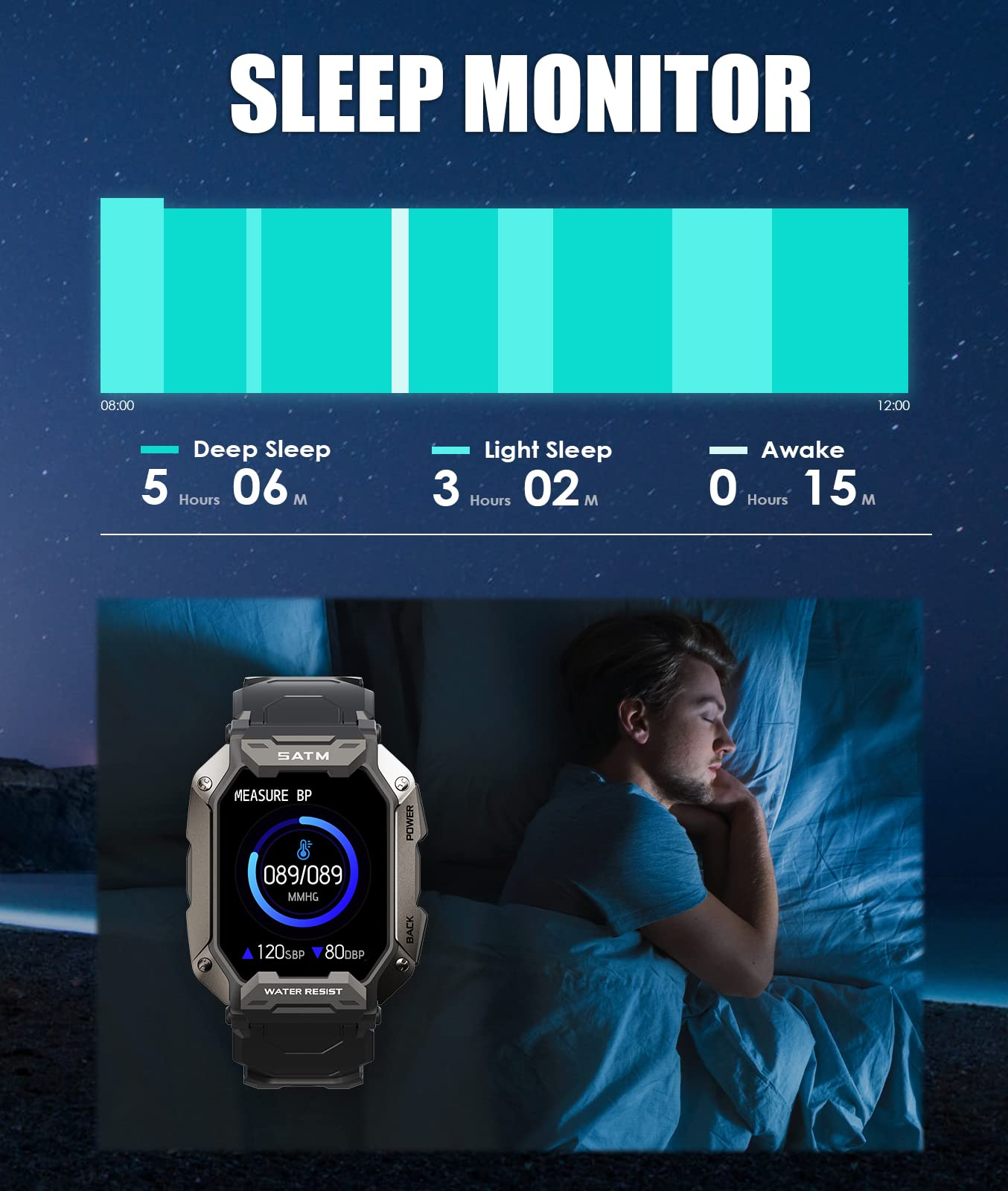 Ein Mann schläft mit einer Smartwatch. Die Uhr zeigt Schlafdaten an. Ein Diagramm zeigt Tiefschlaf, Leichtschlaf und Wachzeiten.