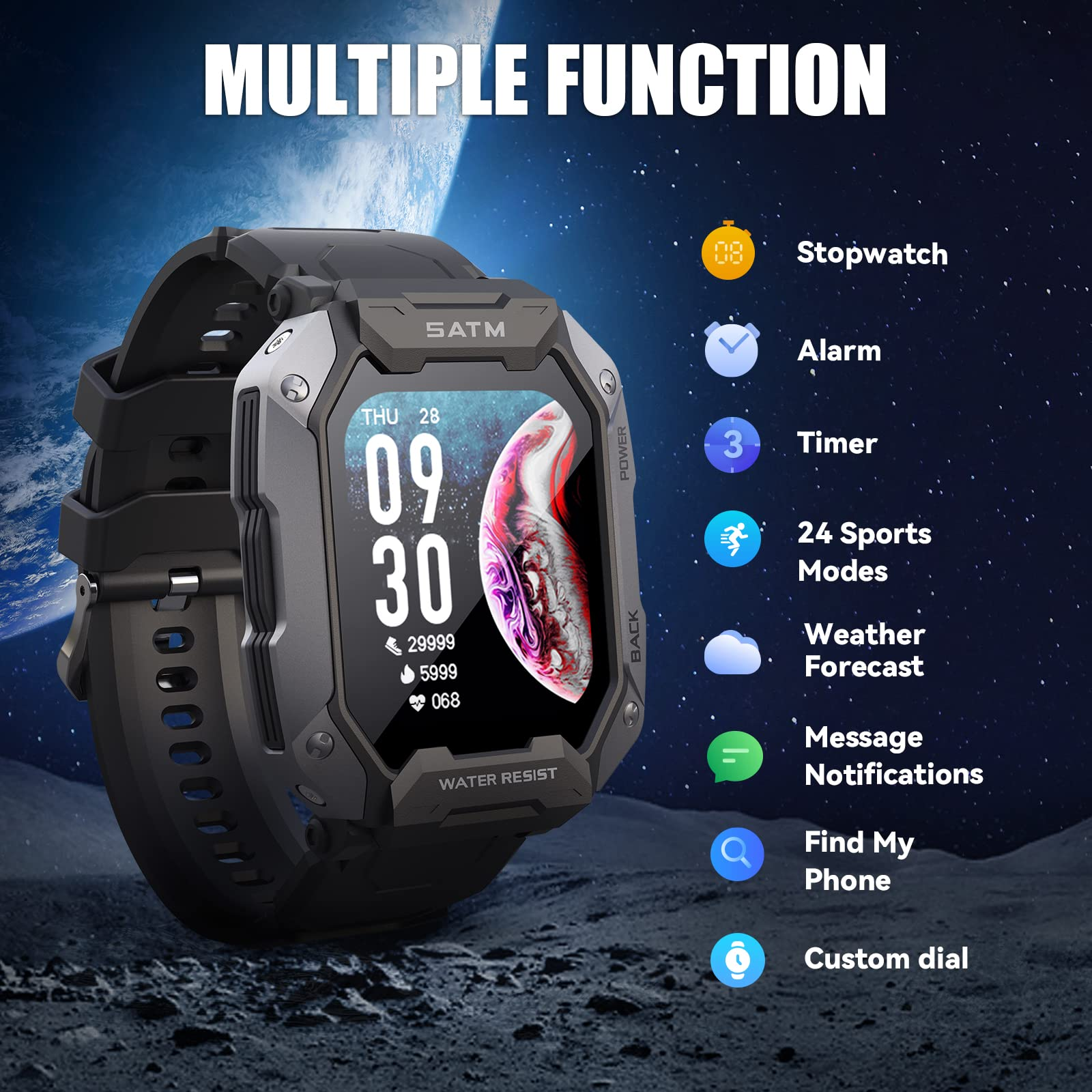 Eine Smartwatch mit mehreren Funktionen, die auf dem Bildschirm angezeigt werden. Funktionen umfassen Stoppuhr, Alarm, Timer usw.