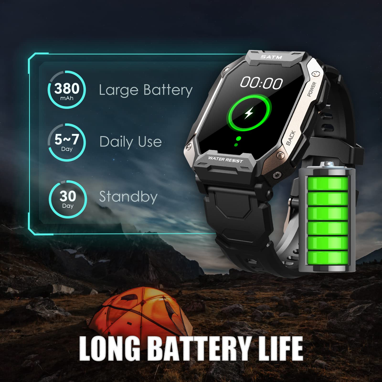 Eine Smartwatch mit Akkulaufzeit-Details neben einem Zelt in natürlicher Umgebung.