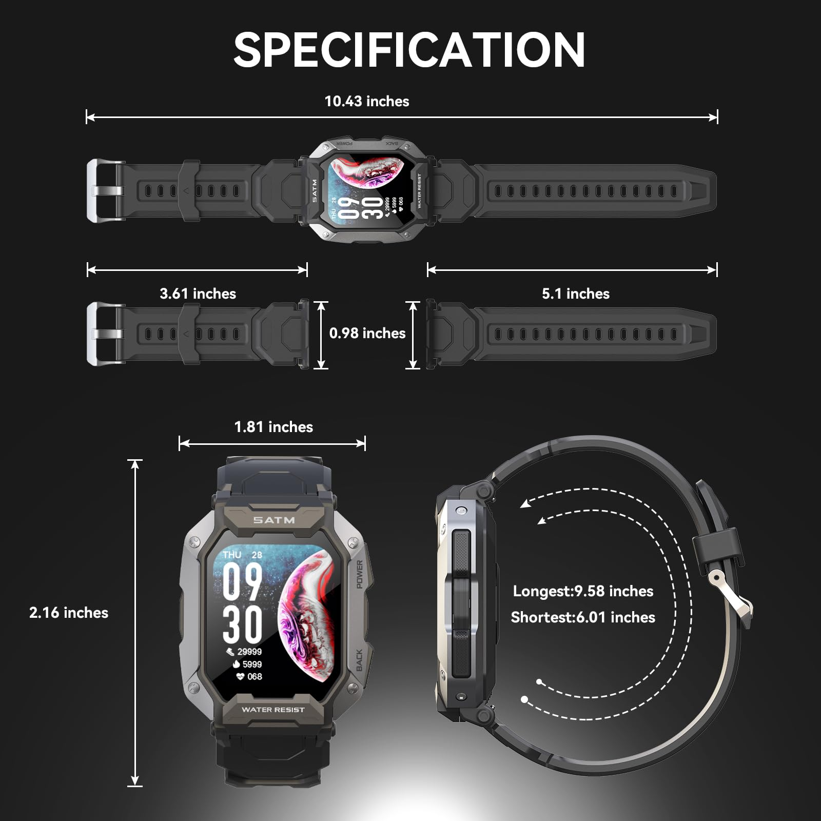 Eine Smartwatch mit Abmessungen und einem Armband. Das Zifferblatt zeigt Zeit und Statistiken.
