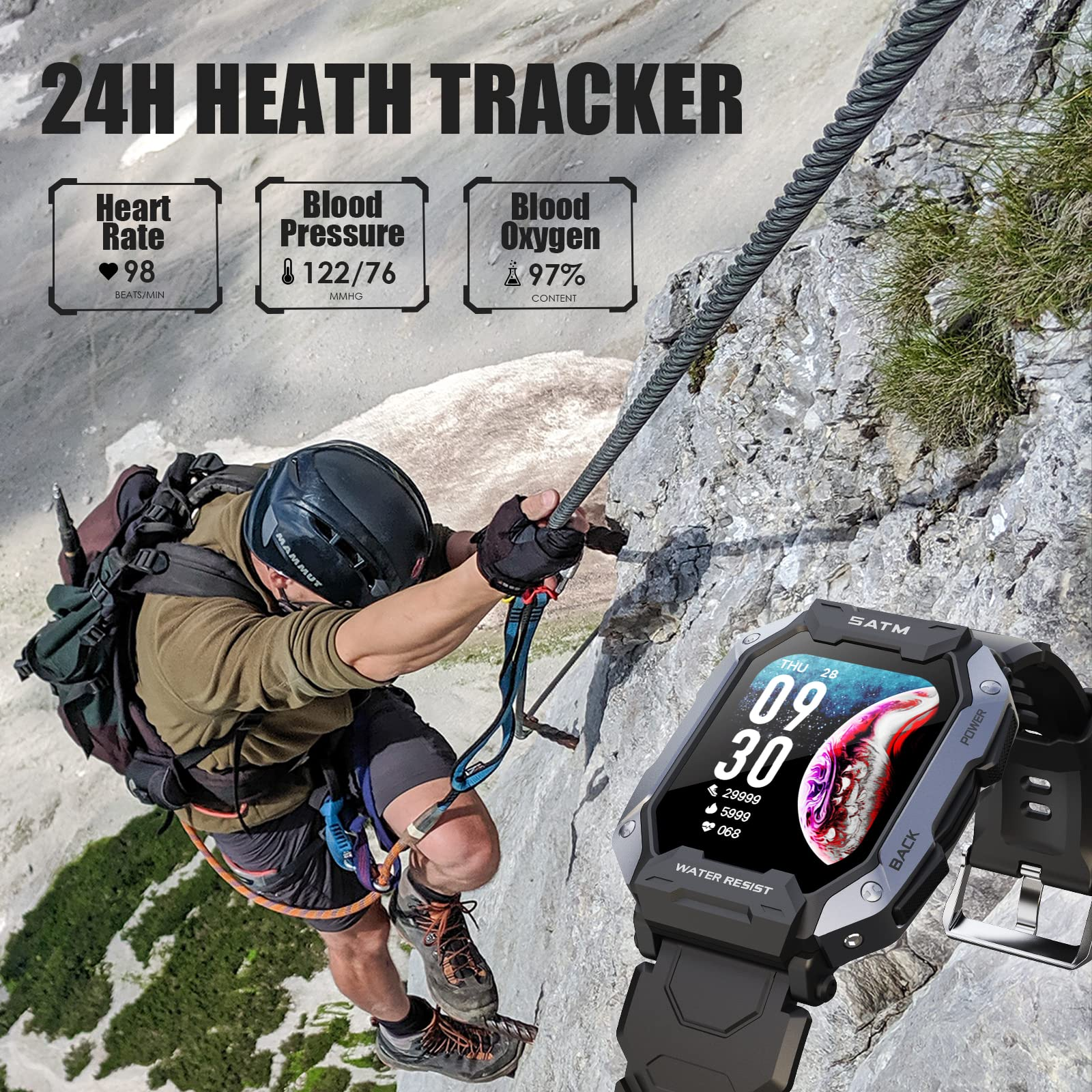 Eine Person klettert, trägt eine Smartwatch mit Vitalzeichen. Die Uhr ist schwarz.